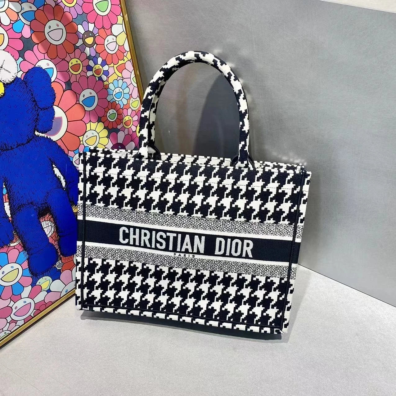 Dior Black White Houndstooth Medium Tote Top Handle Bag For Women