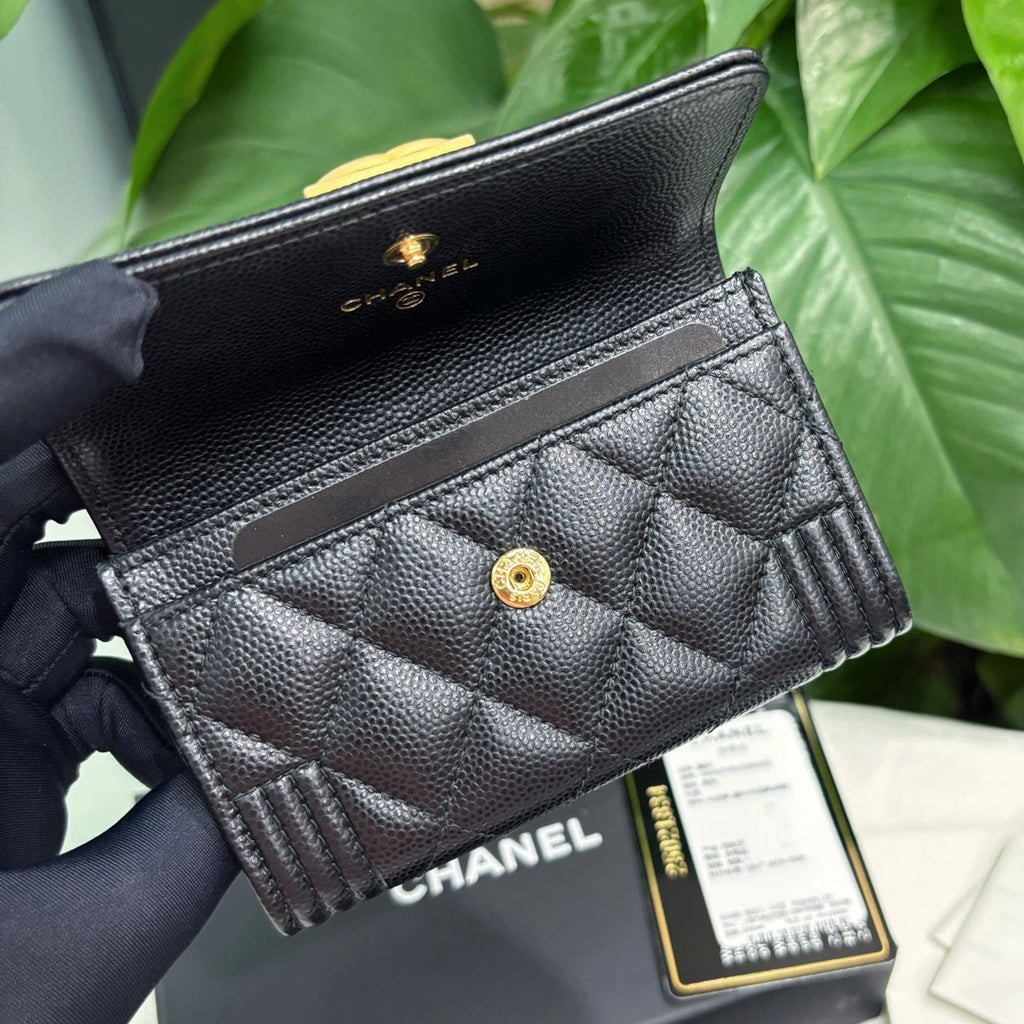 Chanel Leboy Calfskin Diamond Wallet Black Gold Used Women Classic