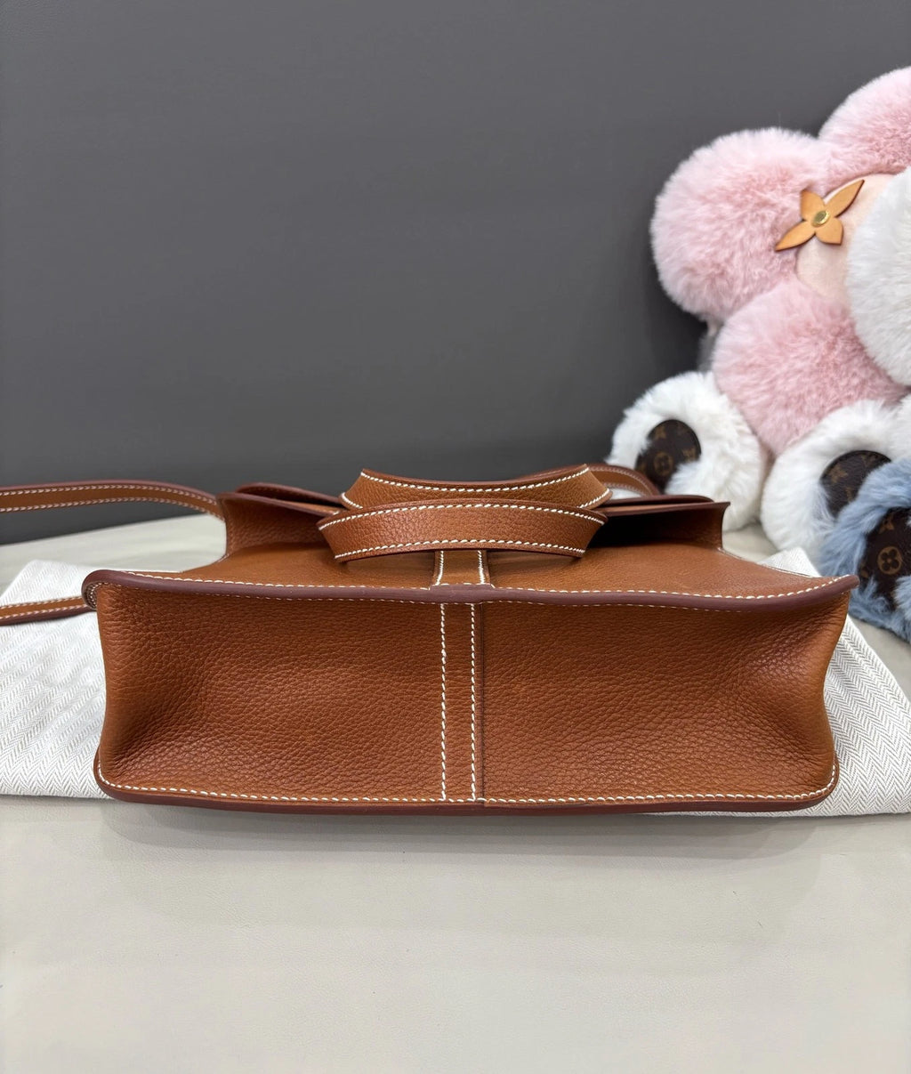 Hermes Halzan25 Top Handle Bag Crossbody Brown Silver Women Classic