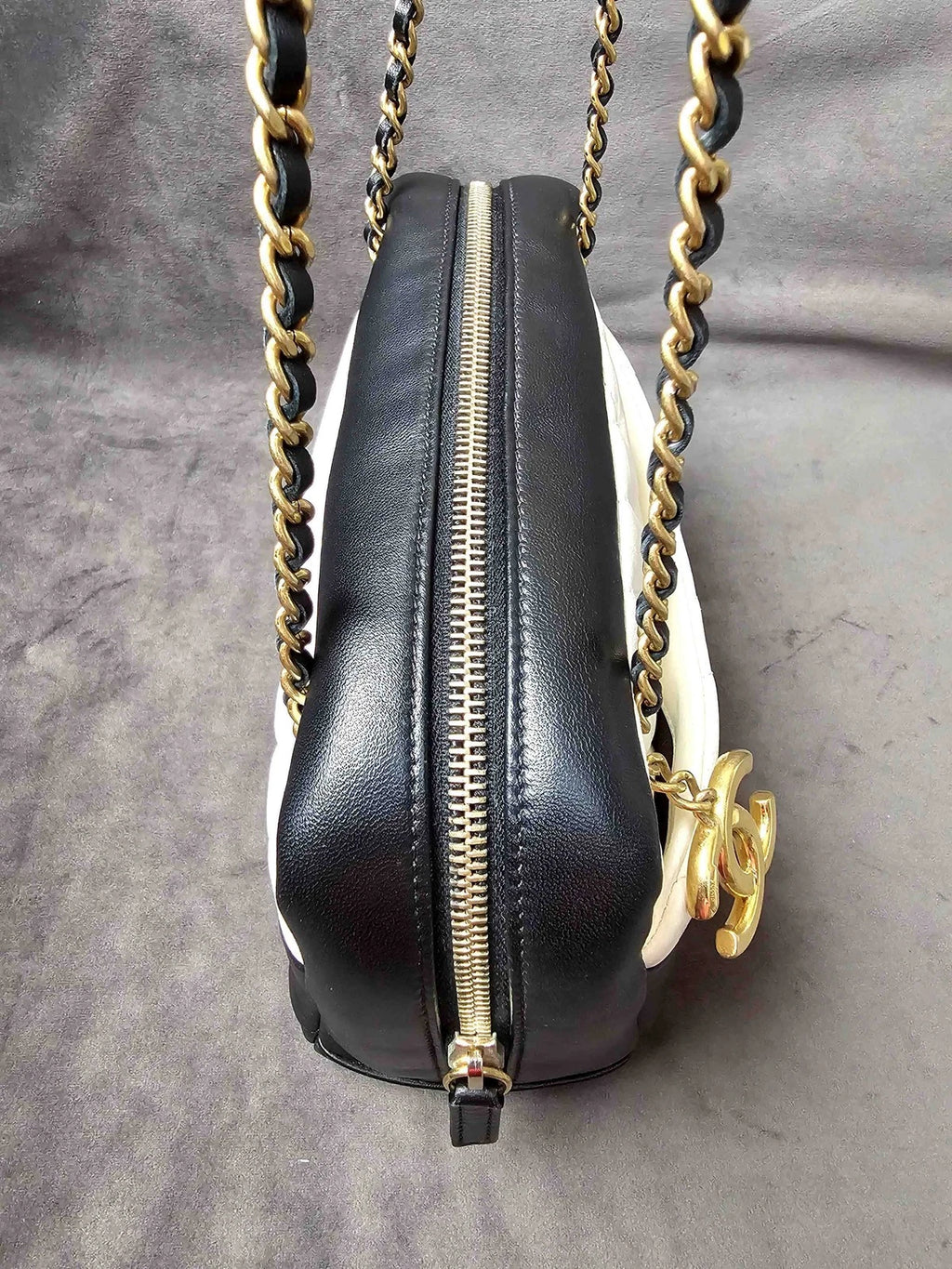 CHANEL Black White V Pattern Gold Button Camera Shoulder Bag Women