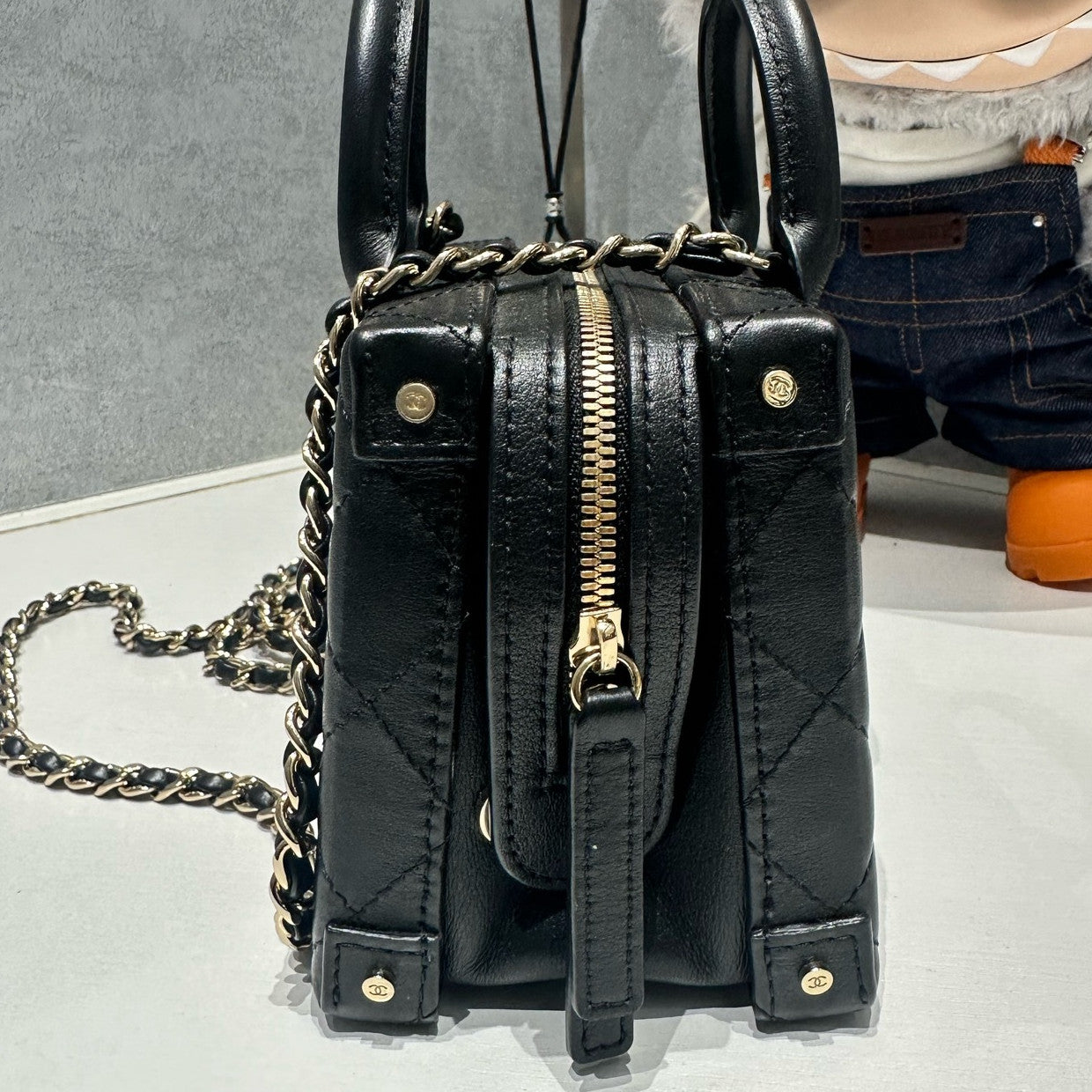 Chanel Black Calfskin Camera Box Bag Chain Strap Shoulder Bag