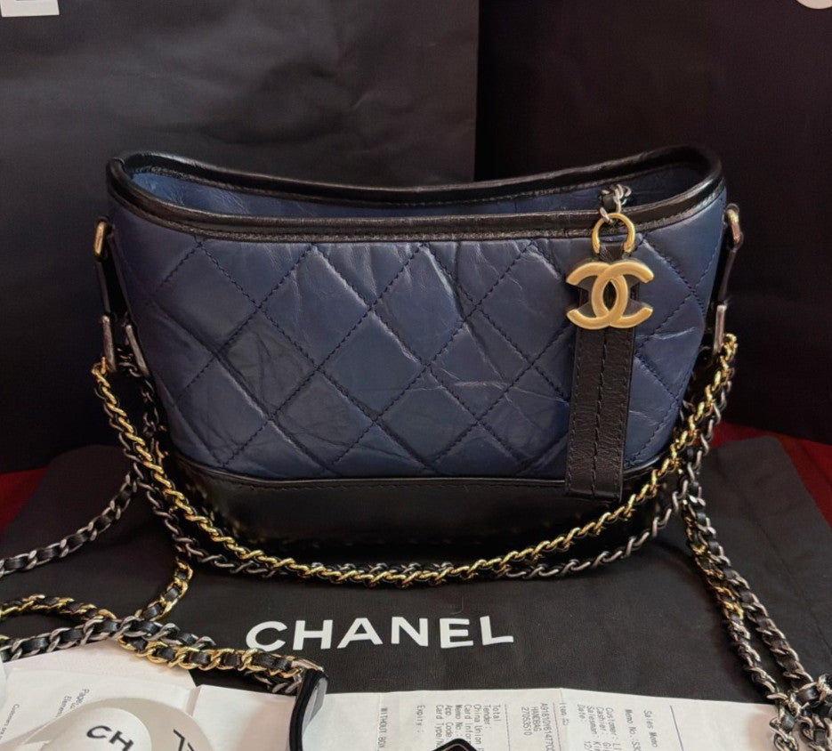 Chanel Gabrielle PM Chain Shoulder Bag Crossbody Blue Gold Women Classic Diamond