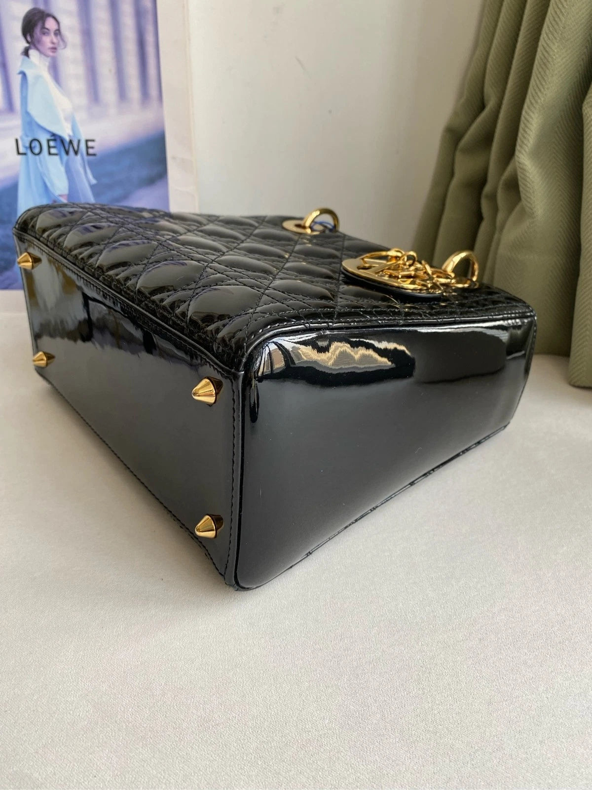Dior Black Gold Patent Leather Lady Dior Handbag Shoulder Bag For Women