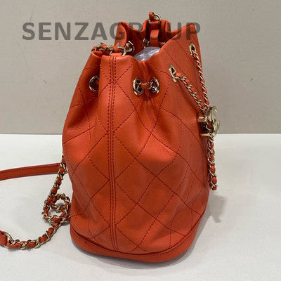 Chanel Quilted Drawstring Bucket Bag Red Gold Chain Shoulder Crossbody