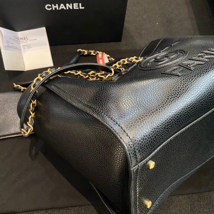 Chanel Tote GM Calfskin Top Handle Shoulder Bag Black Gold Hardware Women D
