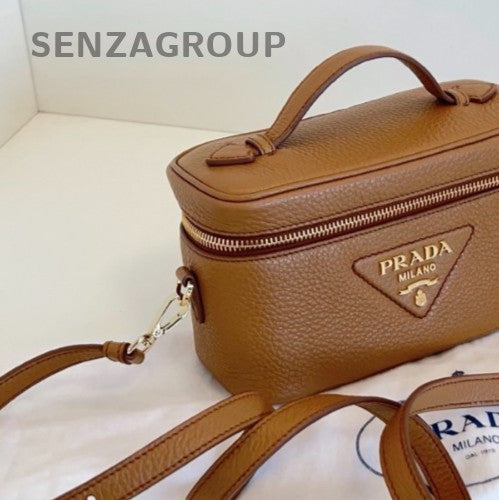 Prada Calfskin Leather 2Way Top Handle Bag Crossbody Brown Gold Women Classic