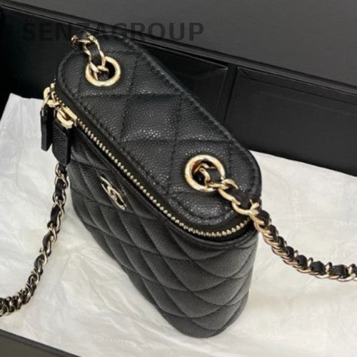 Chanel Calfskin Mini Chain Shoulder Bag Crossbody Diamond Black Gold Women