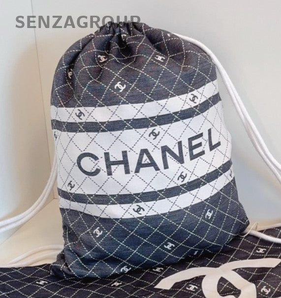 Chanel 24P Canvas Drawstring Closure Shoulder Bag Backpack Black Women Classic