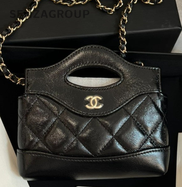 Chanel 24S Mini Chain Shoulder Bag Crossbody Black Gold Women Classic
