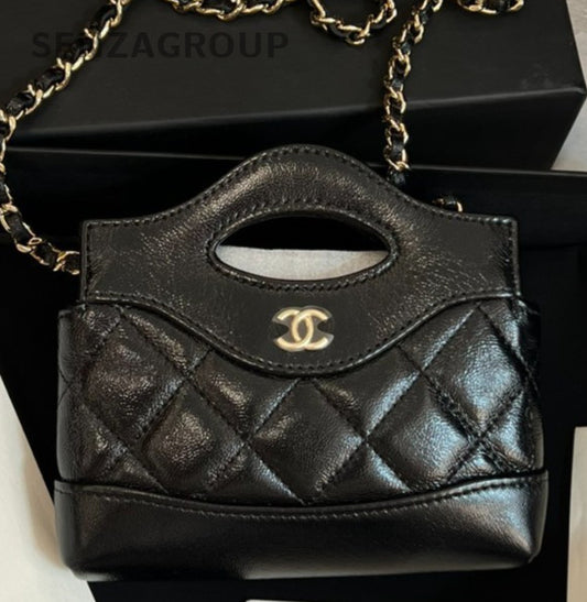 Chanel 24S Mini Chain Shoulder Bag Crossbody Black Gold Women Classic