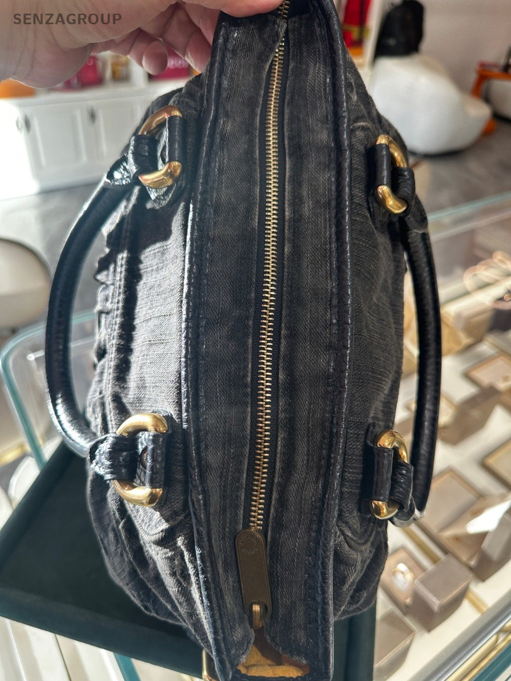 Louis Vuitton Cabby Denim Monogram Top Handle Bag Crossbody Black Gold Women