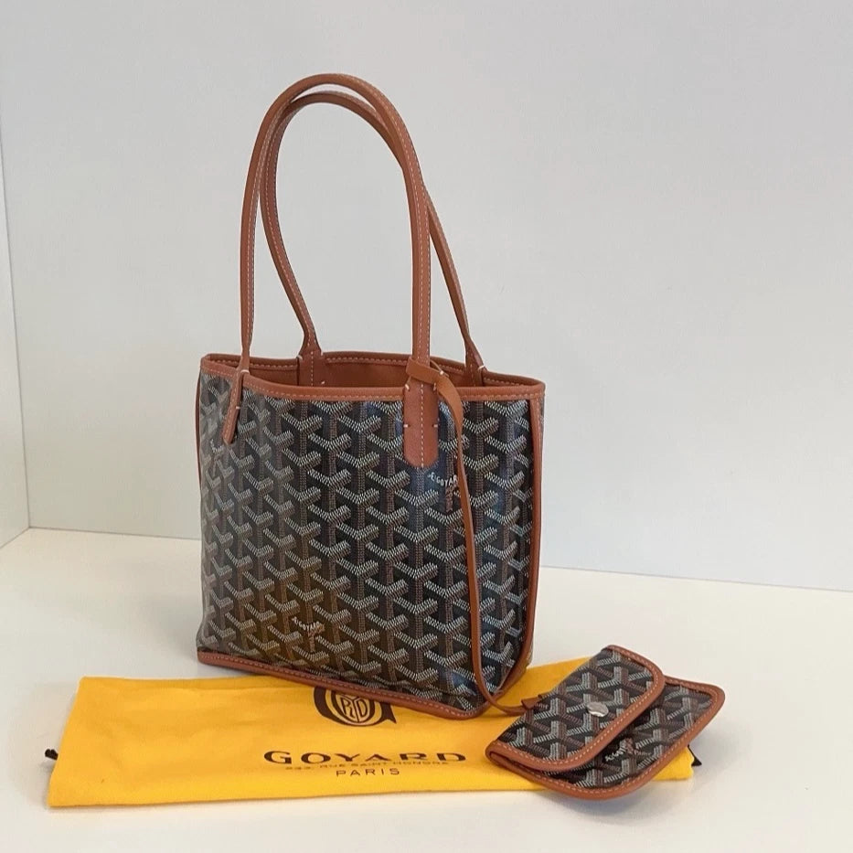 Goyard Anjou Mini Tote Top Handle Shoulder Bag Black Brown Excellent