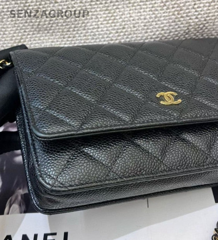 Chanel WOC Diamond Chain Crossbody Shoulder Bag Black Gold Women Classic