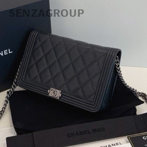 Chanel Leboy WOC Chain Shoulder Bag Black Silver Diamond Women Classic