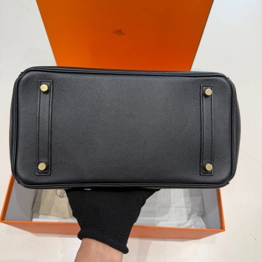 Hermes Birkin 30 Epsom Tote Top Handle Bag Black Gold Women Classic D