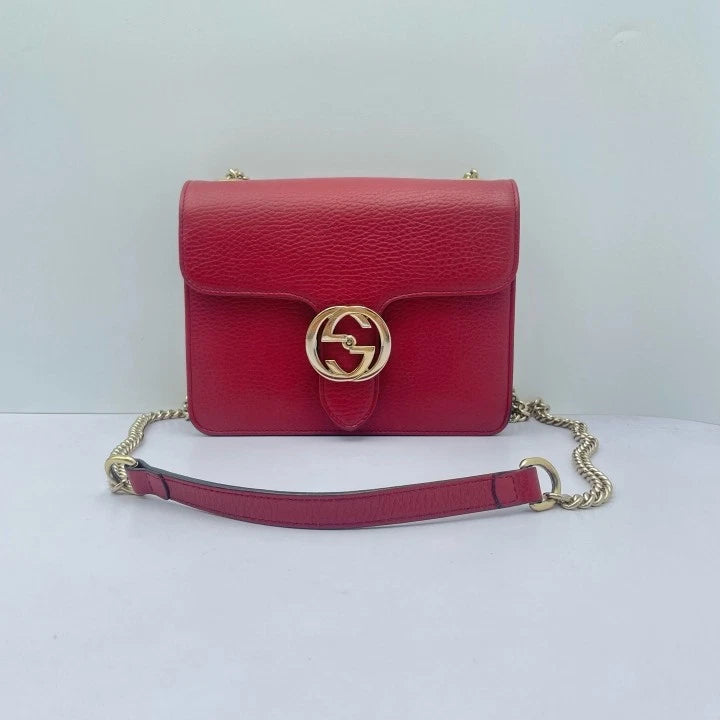 Gucci Red Grained Leather Small Accordion Chain Crossbody Bag For Women