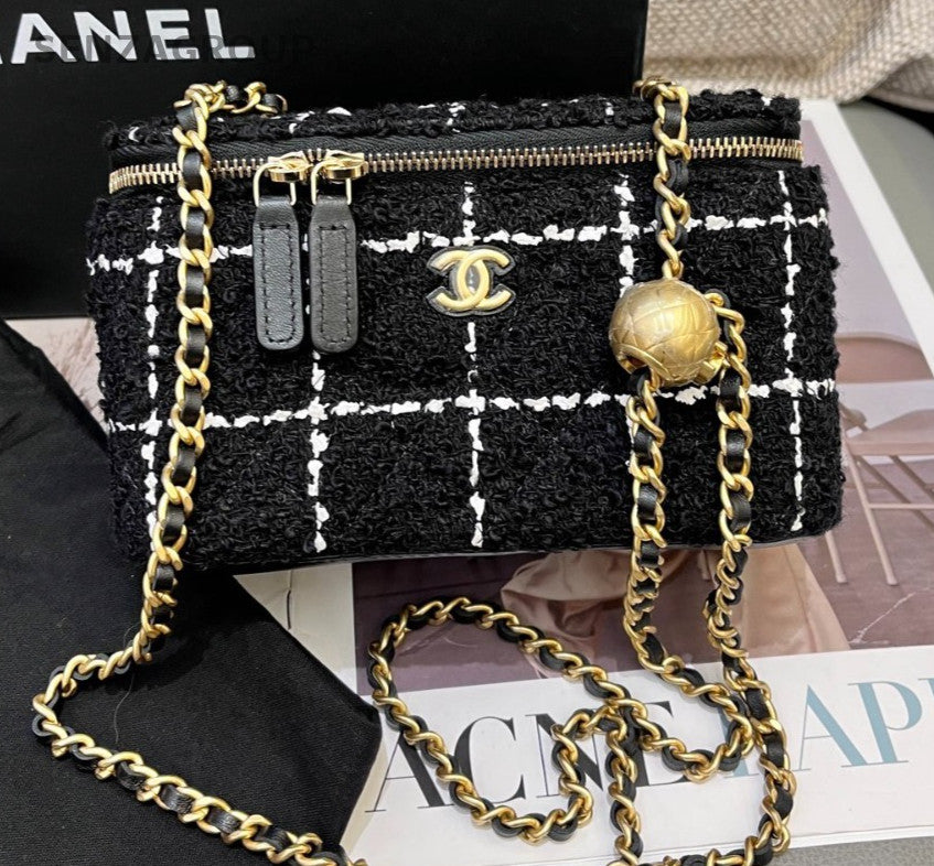 Chanel Tweed Long Box Chain Shoulder Bag Crossbody Black Gold Women Classic