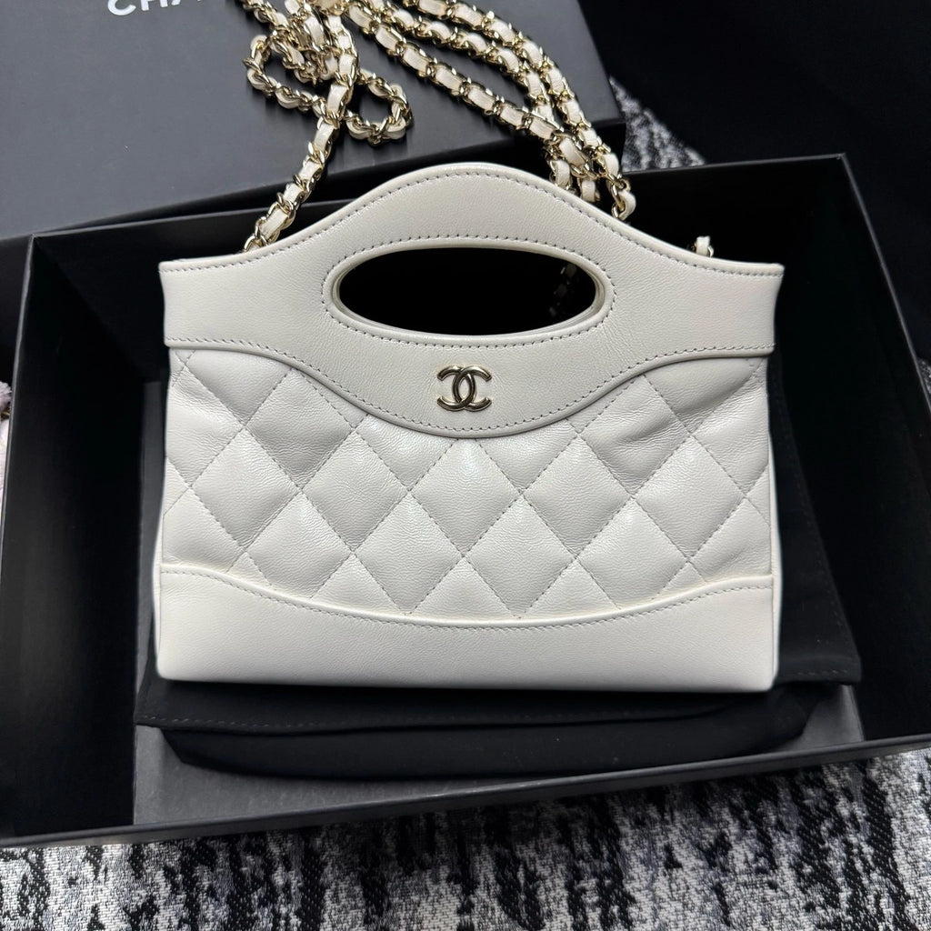 Chanel 31 Nano Lambskin Tote Bag White Gold Excellent