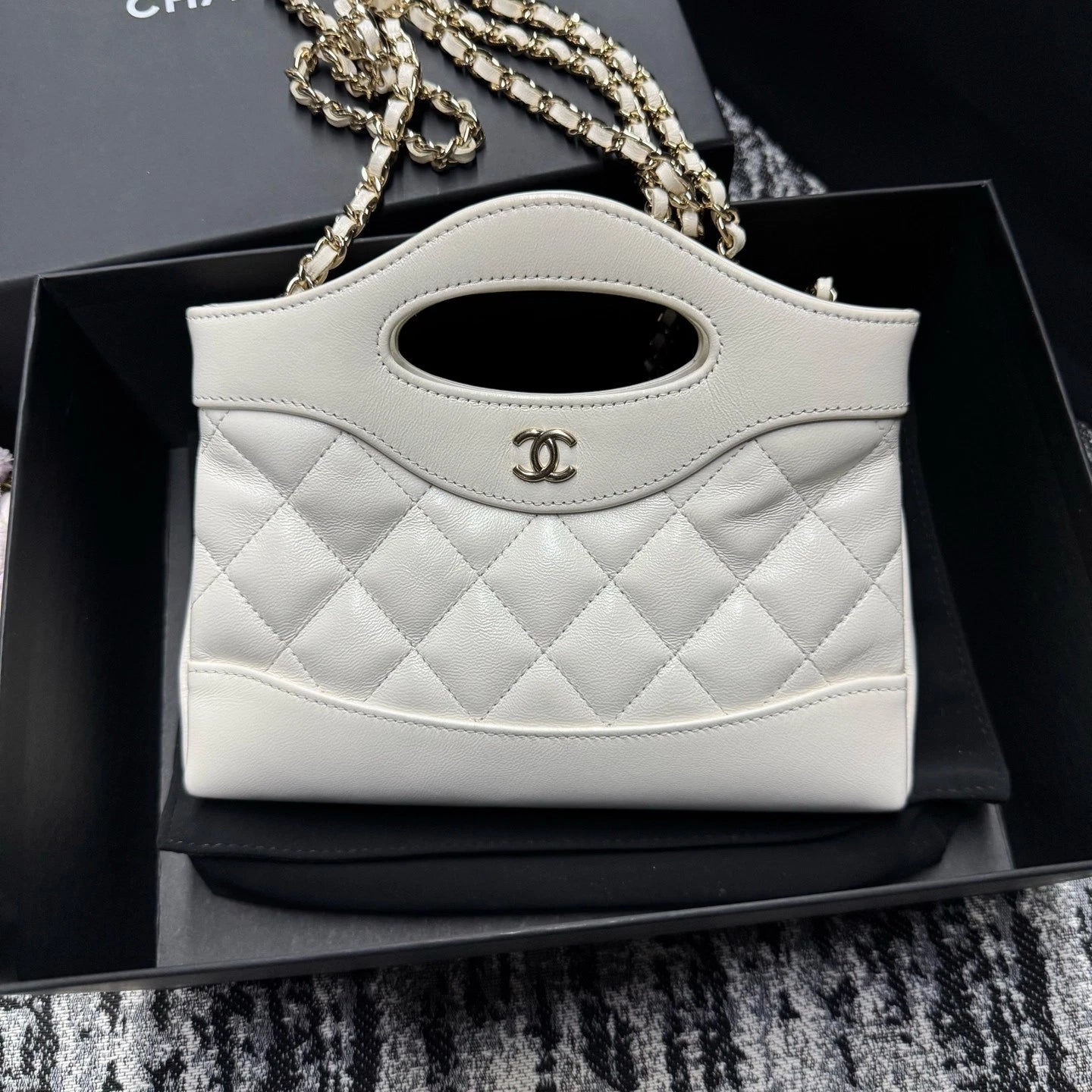 Chanel 31 Nano Lambskin Tote Bag White Gold Excellent