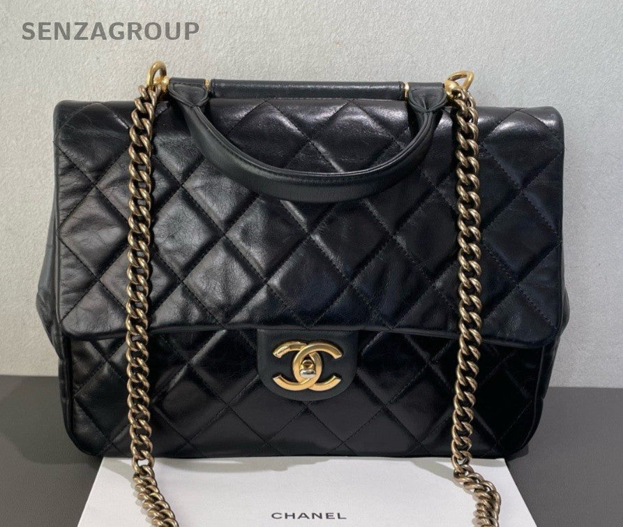 Chanel Diamond Chain Top Handle Bag Shoulder Bag Crossbody Black Gold Women