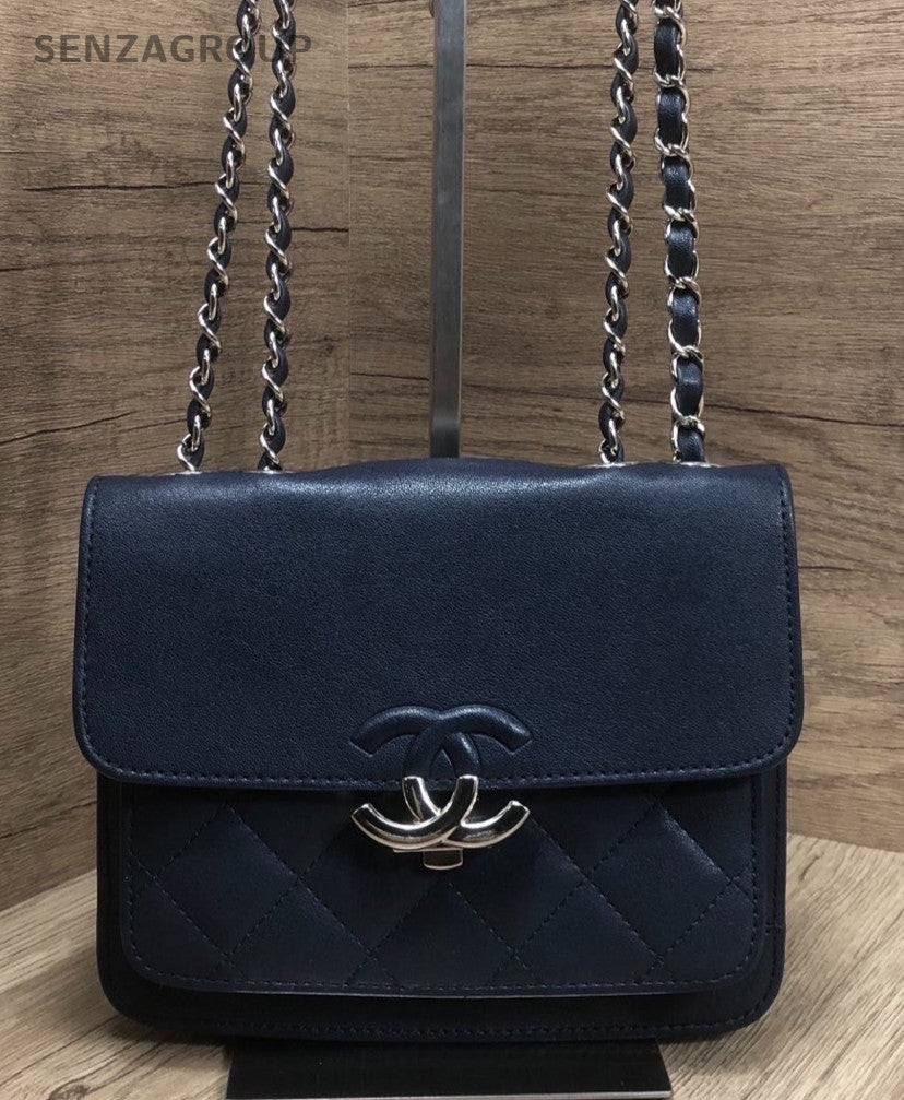 Chanel Cuba Chain Shoulder Bag Crossbody Blue Silver Women Classic Diamond