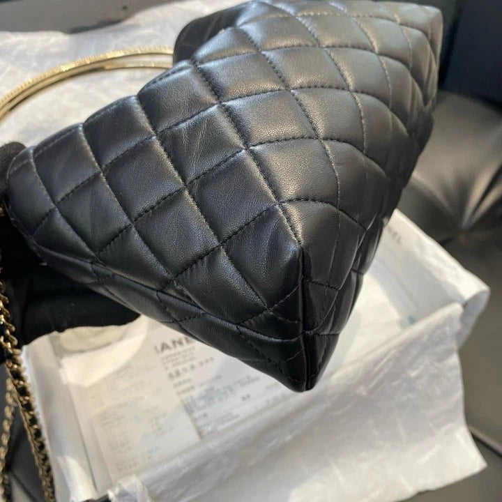 Chanel Clutch With Chain Calfskin Top Handle Crossbody Black Gold Women D