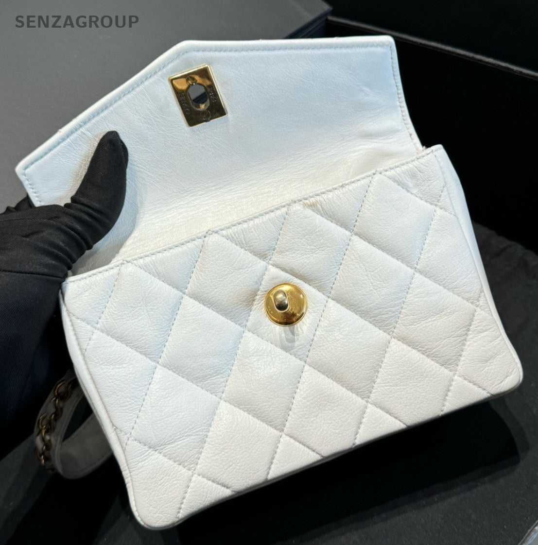 Chanel Diamond Lambskin Waist Bag Crossbody White Gold Women Classic Vintage