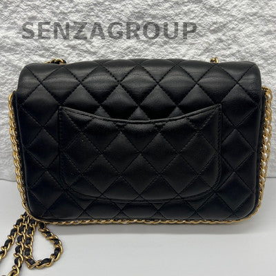 Chanel Classic Flap Mini Pearl Chain Black Gold Shoulder Crossbody Bag