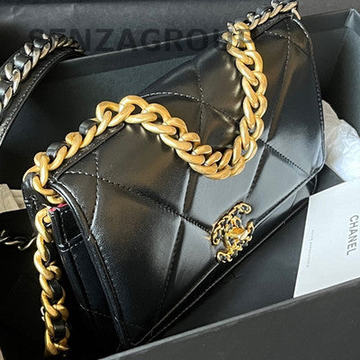 Chanel Black Gold 19 Bag WOC Chain Shoulder Crossbody Bag Quilted