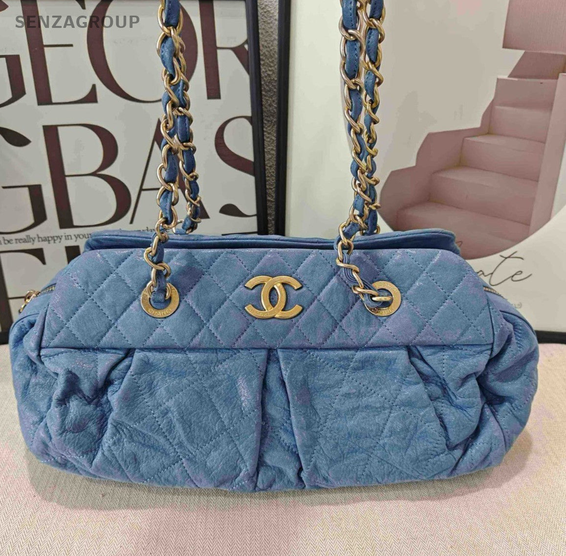 CHANEL CC Logo Chain Shoulder bag Blue Gold Women Classic