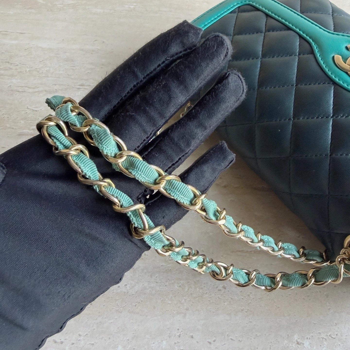 Chanel Classic Flap Lambskin Silver Chain Shoulder Bag Crossbody Navy Green