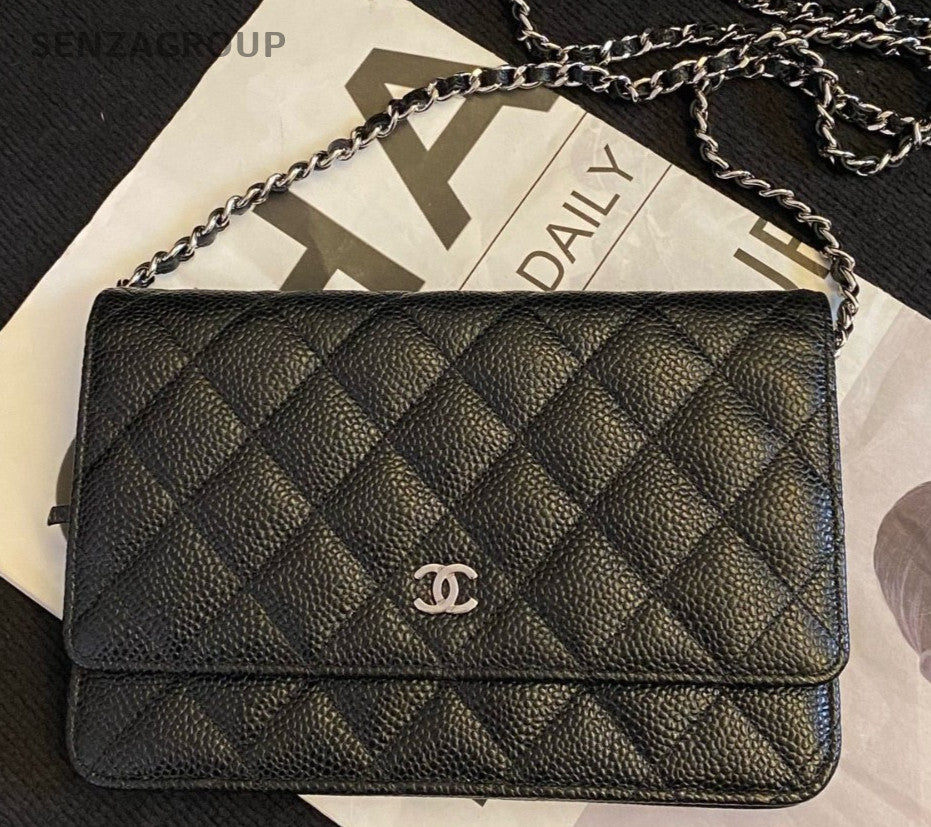 Chanel WOC Chain Diamond Shoulder Bag Crossbody Black Silver Women Classic