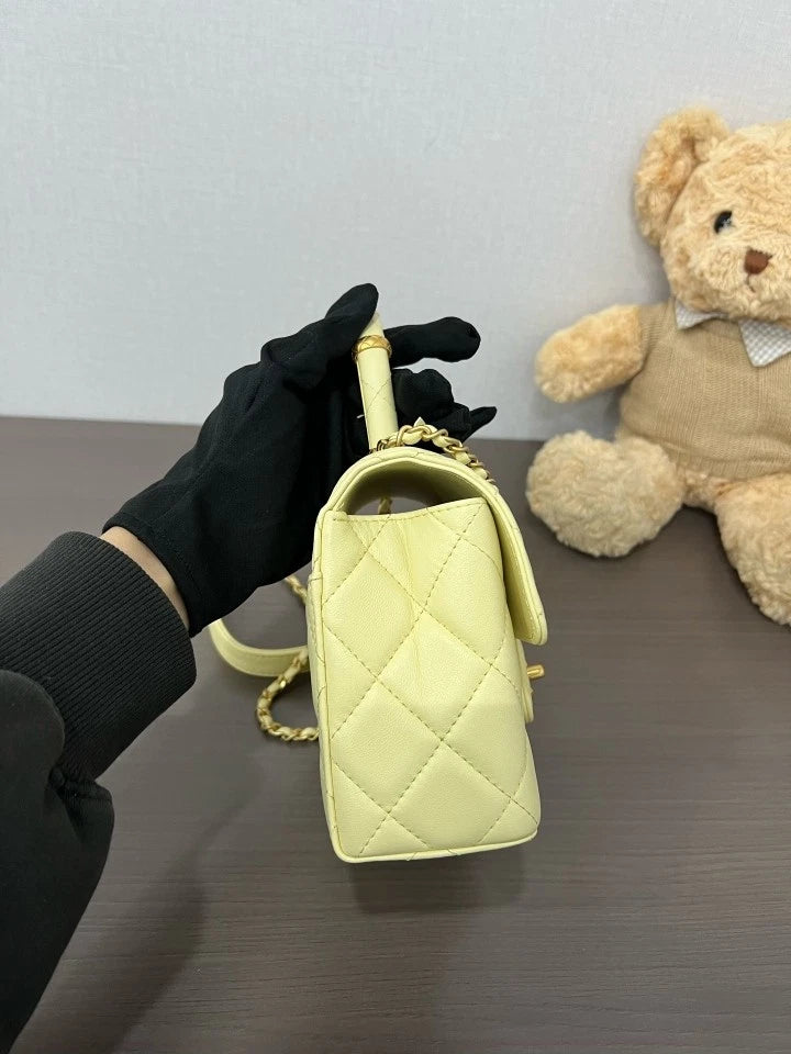 CHANEL 23S Yellow Lambskin Top Handle Box Bag For Women