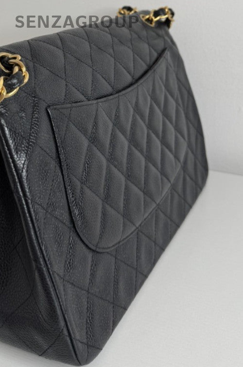 Chanel Jumbo Calfskin Diamond Chain Shoulder Bag Black Gold Women Classic