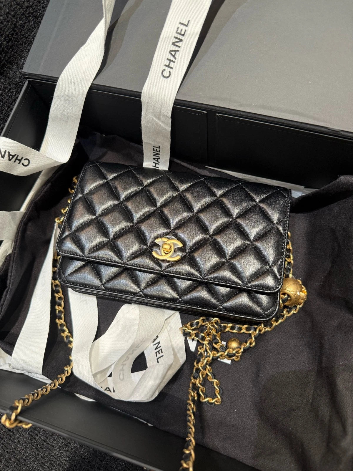 CHANEL Black Gold Ball Lambskin WOC Crossbody Bag For Women