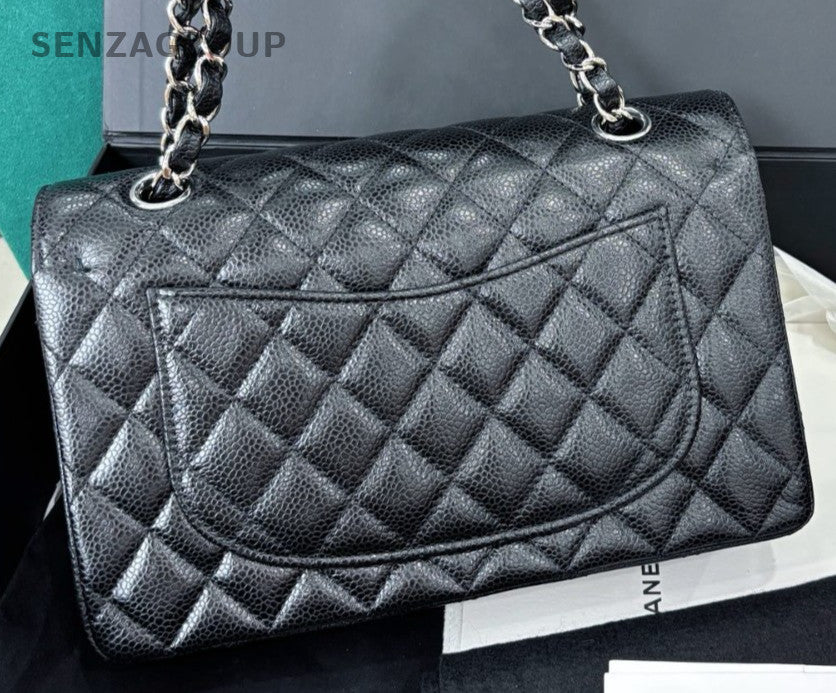 Chanel Classic Flap PM Calfskin Chain Shoulder Bag Black Silver Women Fashion