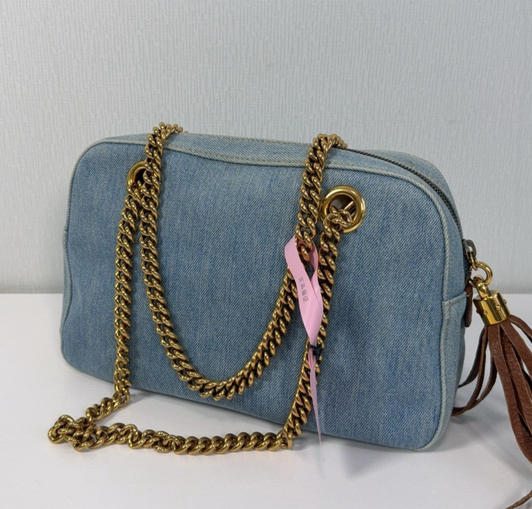 Gucci Soho Tote Denim Chain Handbag Shoulder Bag Blue Gold Women Classic