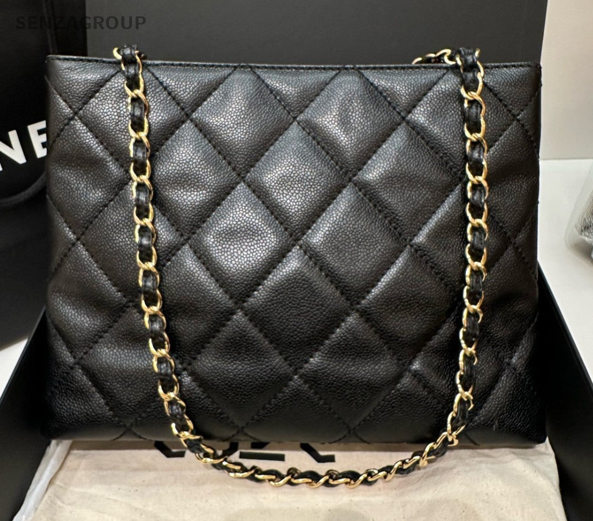 Chanel Satchel Chain Diamond Shoulder Bag Black Gold Women Classic Fashion