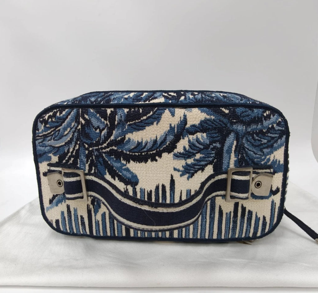 Christian Dior Travel Vanity Case Canvas Top Handle Bag Blue Silver Women