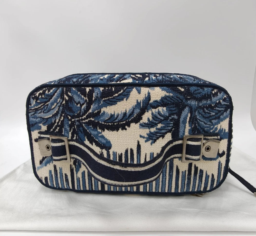Christian Dior Travel Vanity Case Canvas Top Handle Bag Blue Silver Women