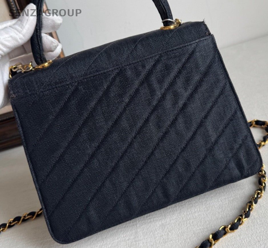 Chanel Kelly Vintage Chain Crossbody Top Handle Bag Black Gold  Women Classic