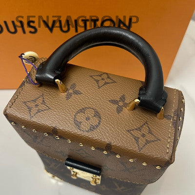 LV Monogram Box Bag Brown Gold Chain Crossbody Shoulder Bag Women