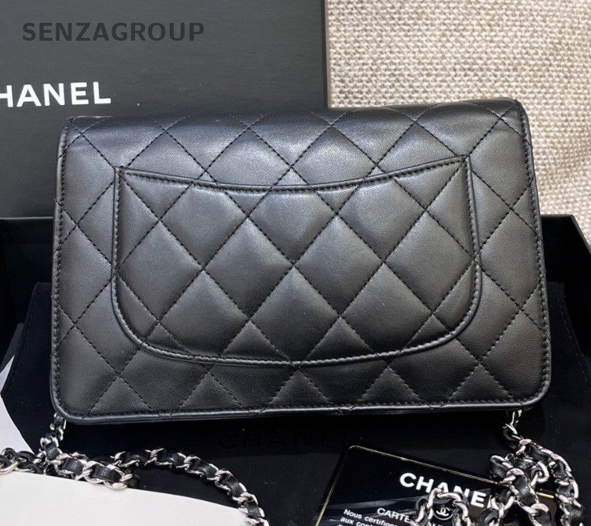 Chanel WOC Chain Crossbody Shoulder Bag Black Silver Women Diamond Classic