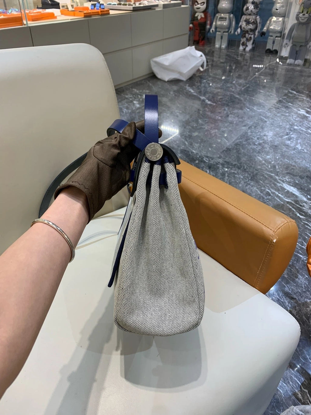 Hermes Herbag31 Canvas Tote Bag For Women Ink Blue Silver