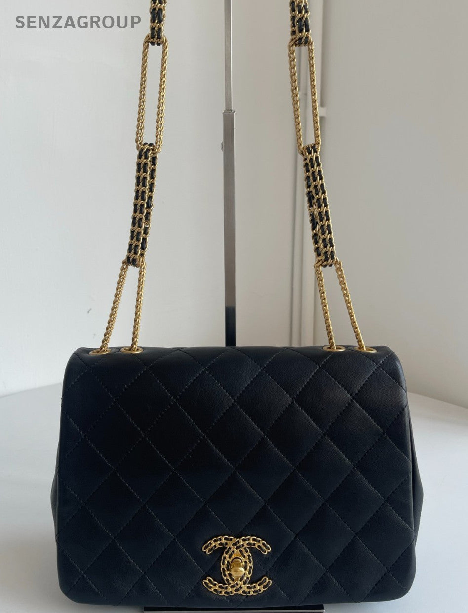 Chanel 22A Diamond Calfskin Chain Shoulder Bag Black Gold Women Classic