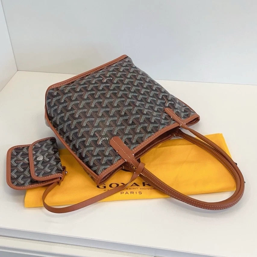 Goyard Anjou Mini Tote Top Handle Shoulder Bag Black Brown Excellent