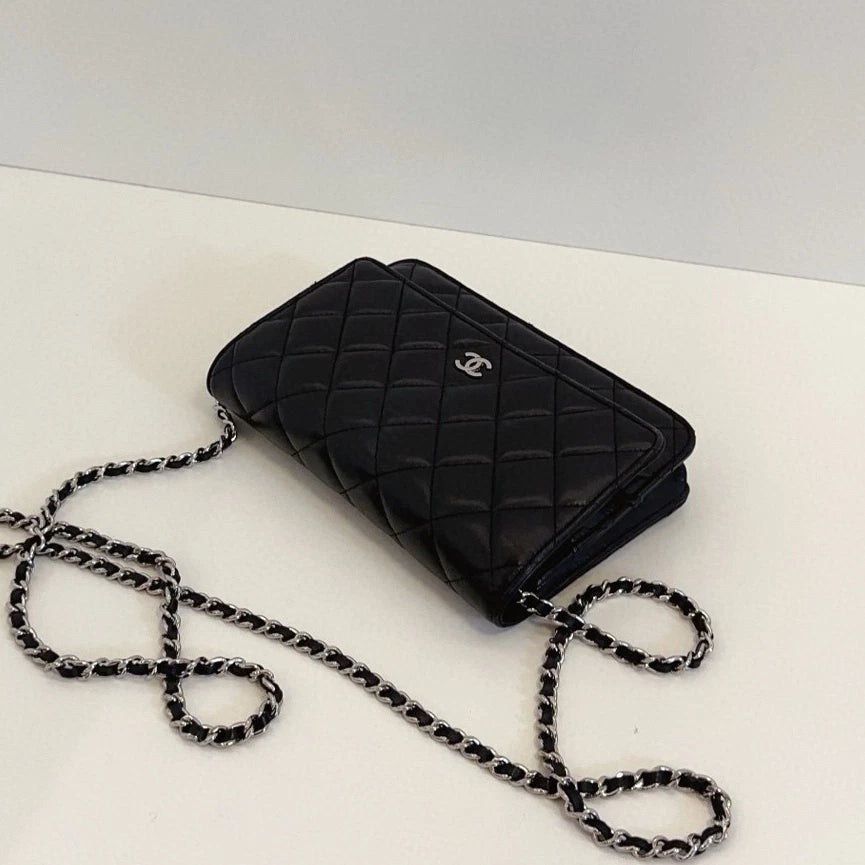 Chanel WOC Chain Lambskin Shoulder Crossbody Diamond Black Silver Women Classic