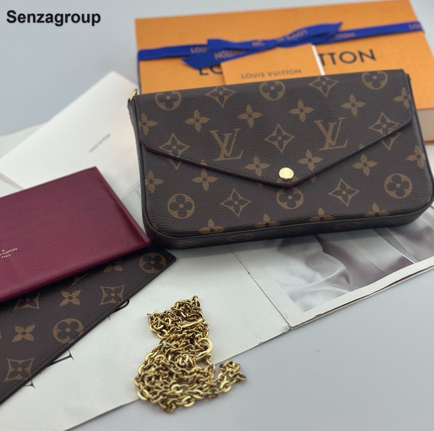 Louis Vuitton Monogram Canvas Chain Shoulder Bag Brown Gold Women Classic