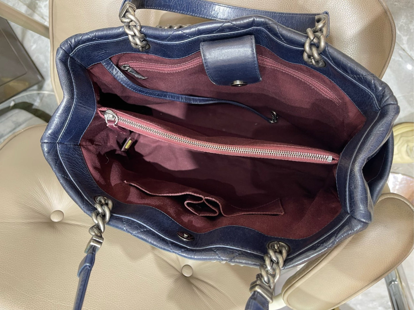CHANEL Combom Diamond pattern Double Handle Shoulder Handbag Women Blue Silver