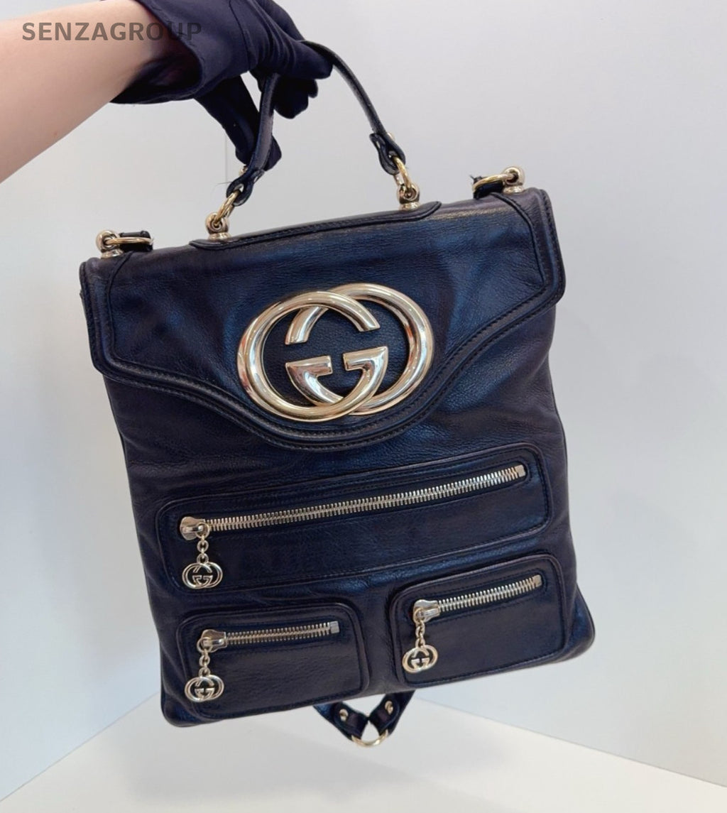 GUCCI GG Logo Top Handle 2way Shoulder Handbag Black Gold Women